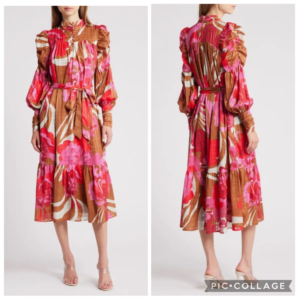 Ciebon Printed Midi Dress with Pink & Brown Floral Pattern